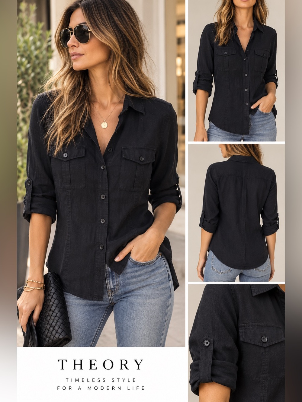 Theory Black Linen Blend Utility Button Down Shirt Size S Roll Tab Sleeves